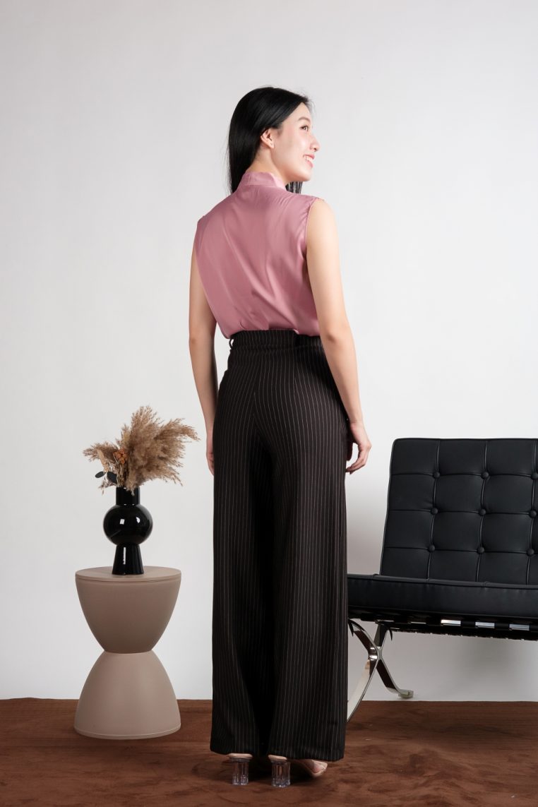 Sleeveless Diamante Tie Neck Satin Blouse - Pink - Image 9