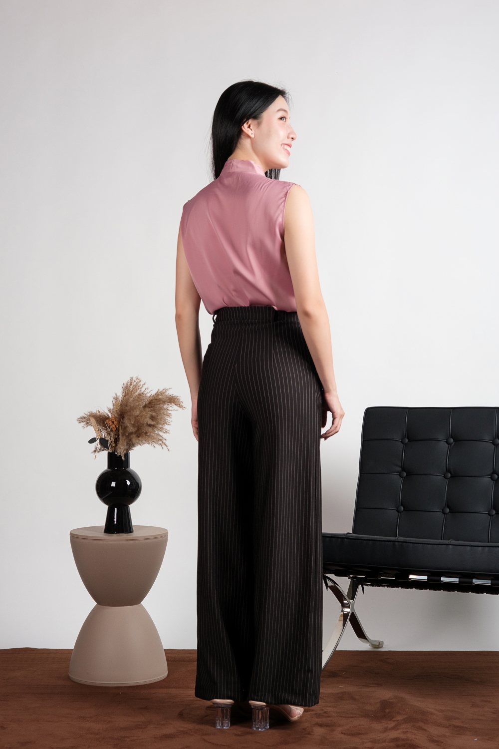 Sleeveless Diamante Tie Neck Satin Blouse - Pink - Image 9