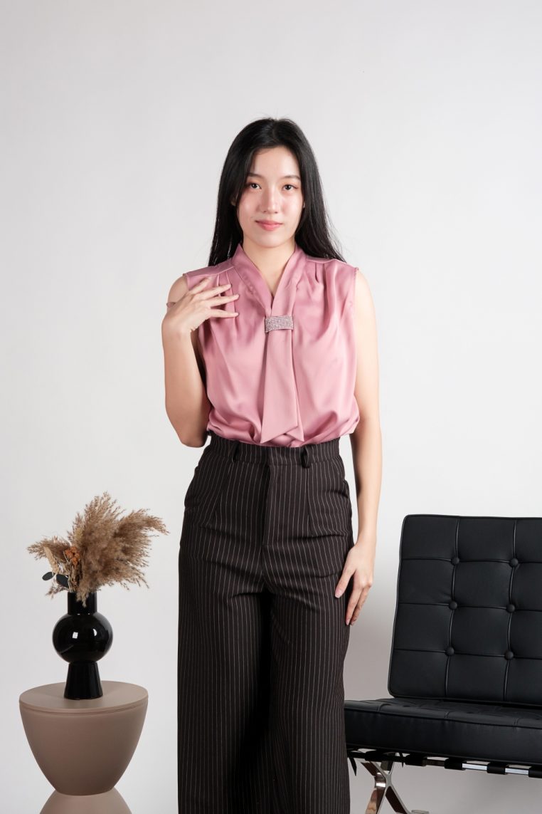 Sleeveless Diamante Tie Neck Satin Blouse - Pink