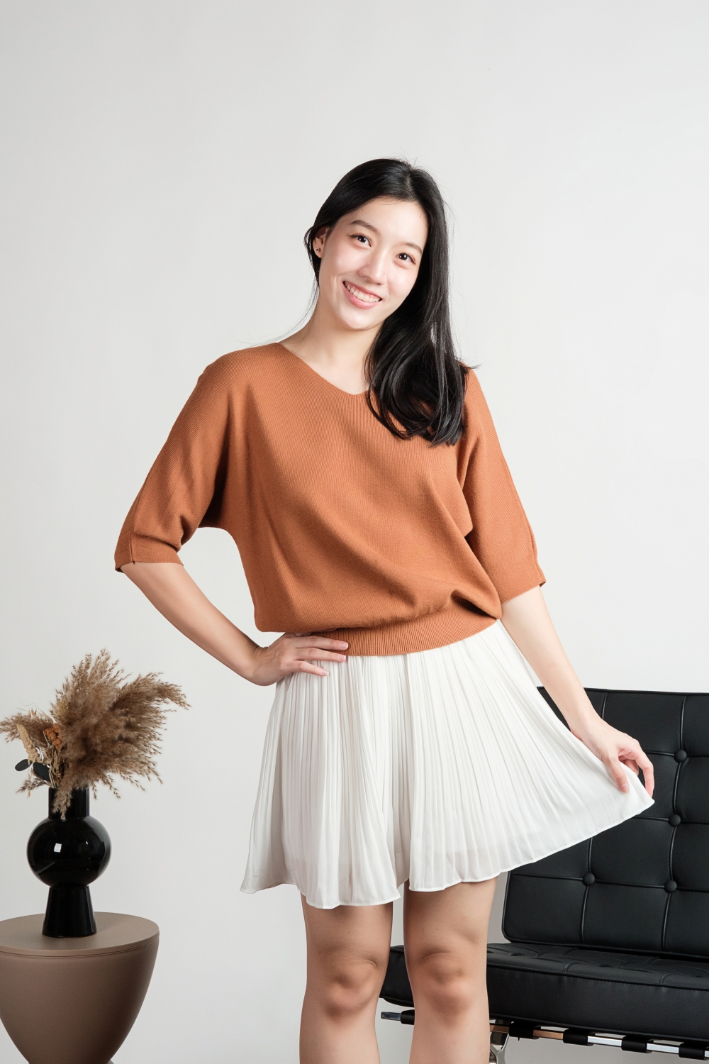V Neck Batwing Knit Top - Burnt Orange