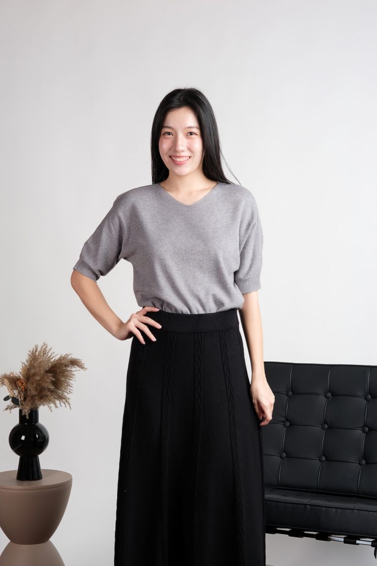 V Neck Batwing Knit Top - Grey