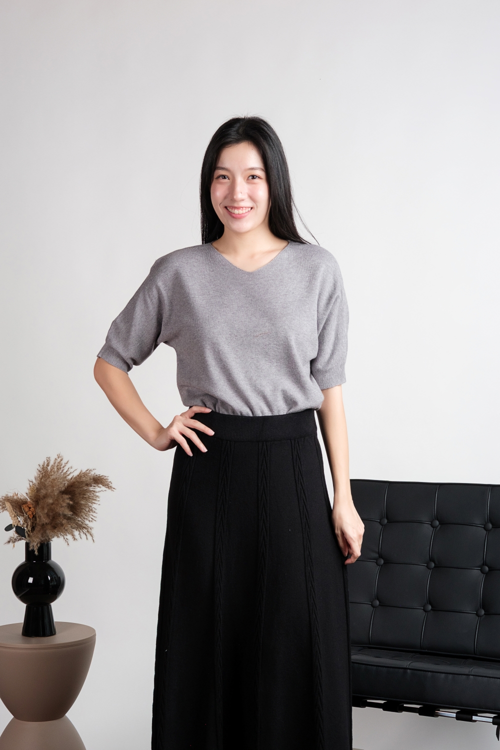 V Neck Batwing Knit Top - Grey