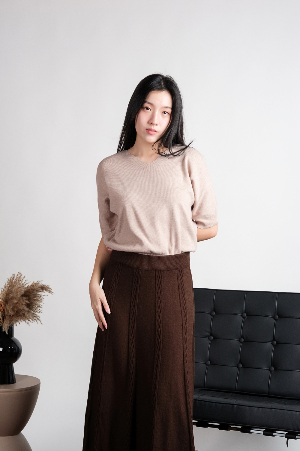 V Neck Batwing Knit Top - Khaki