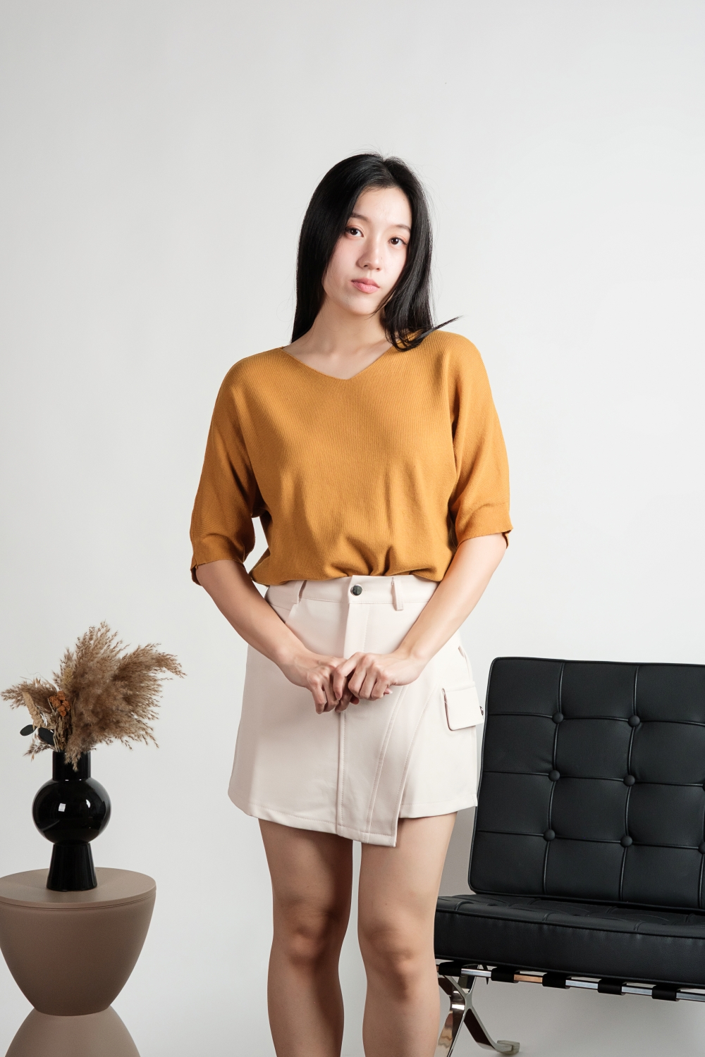 V Neck Batwing Knit Top - Mustard