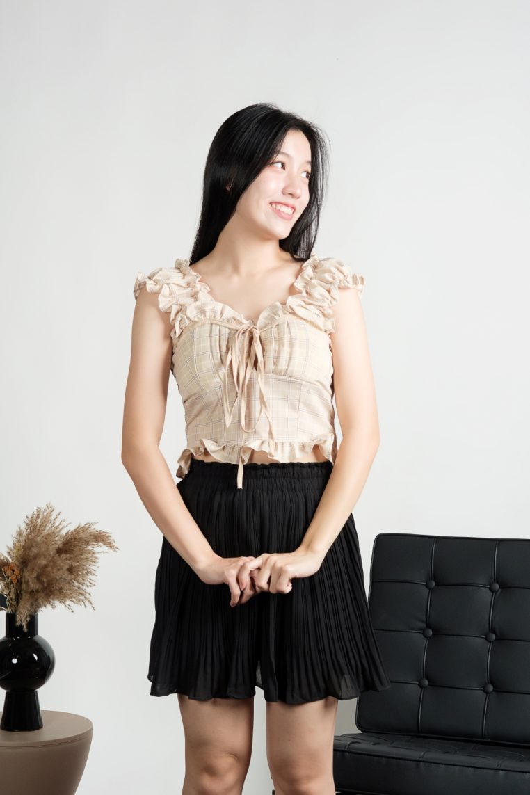 Plaid Padded Tie Front Ruffle Top - Beige - Image 11