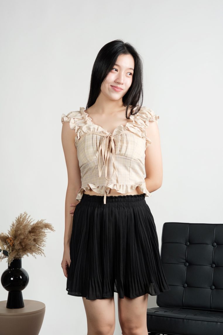 Plaid Padded Tie Front Ruffle Top - Beige