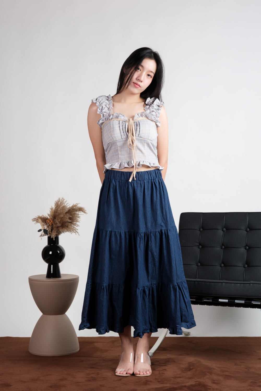 Plaid Padded Tie Front Ruffle Top - Blue