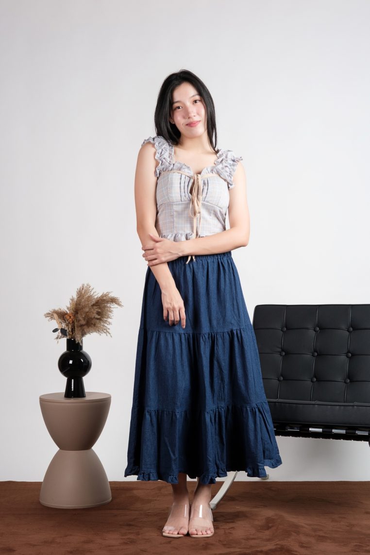 Plaid Padded Tie Front Ruffle Top - Blue - Image 5