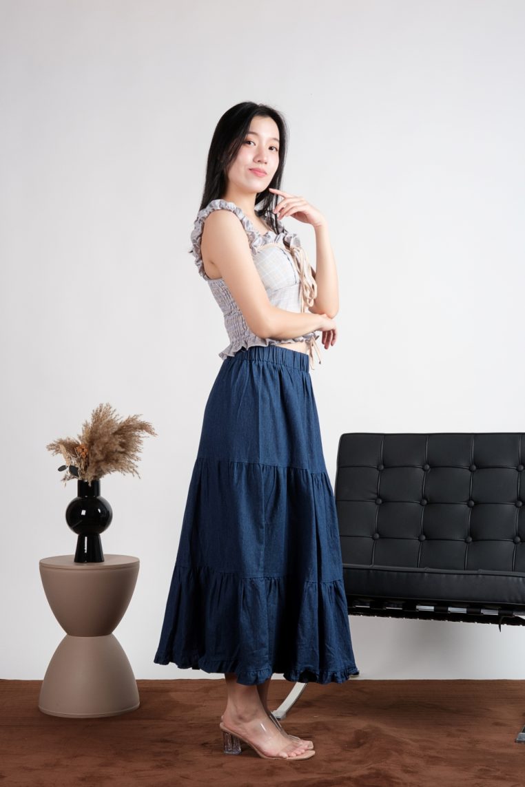 Plaid Padded Tie Front Ruffle Top - Blue - Image 7