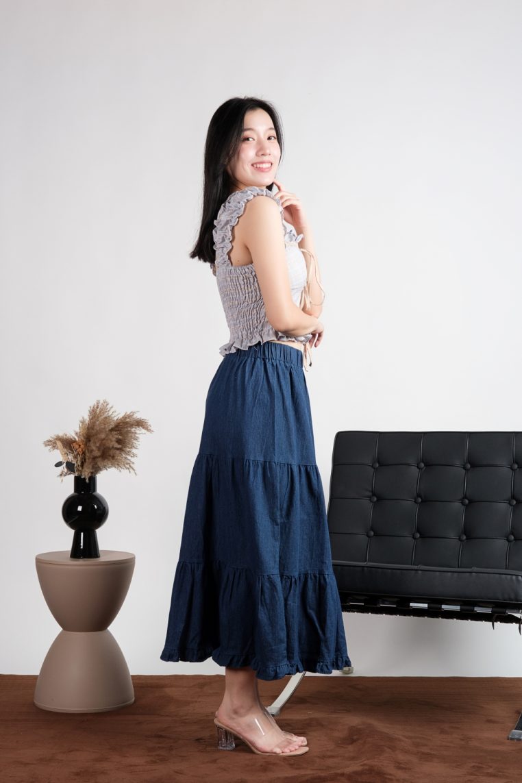 Plaid Padded Tie Front Ruffle Top - Blue - Image 8