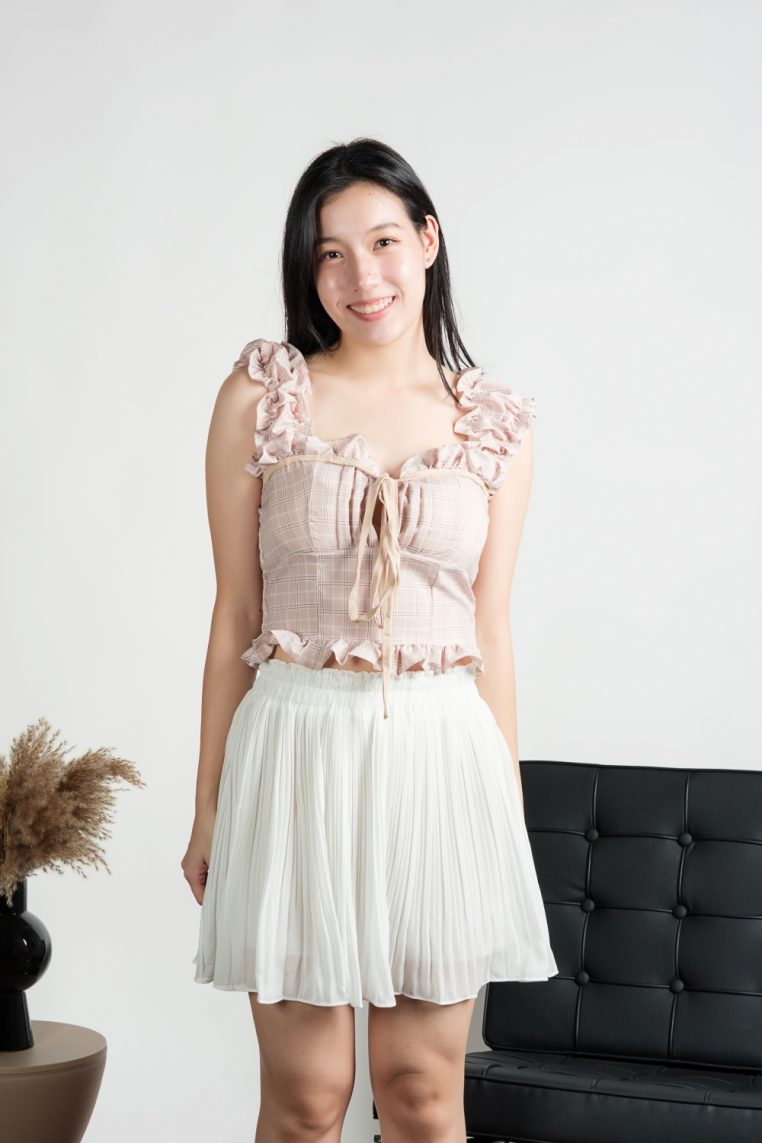 Plaid Padded Tie Front Ruffle Top - Blush - Image 11