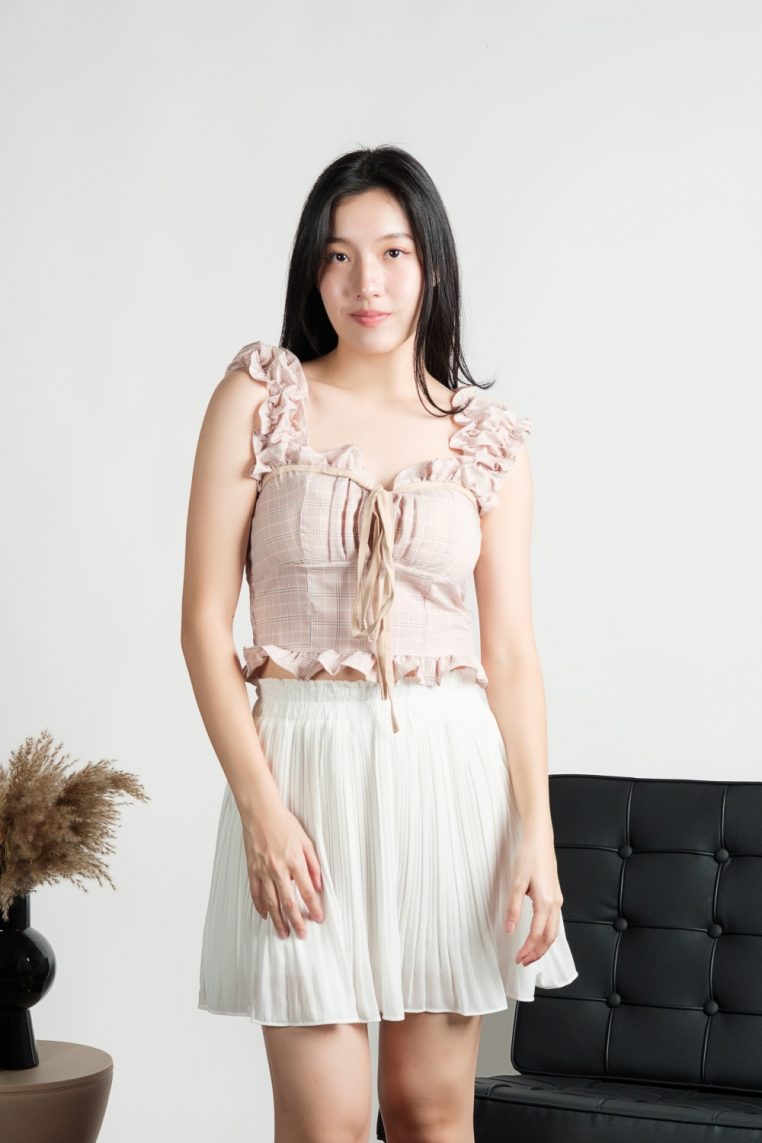 Plaid Padded Tie Front Ruffle Top - Blush - Image 10