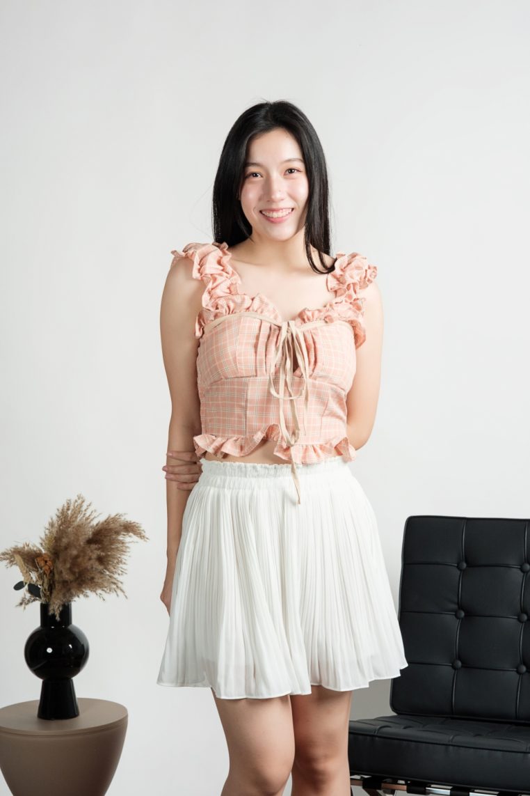 Plaid Padded Tie Front Ruffle Top - Orange - Image 11