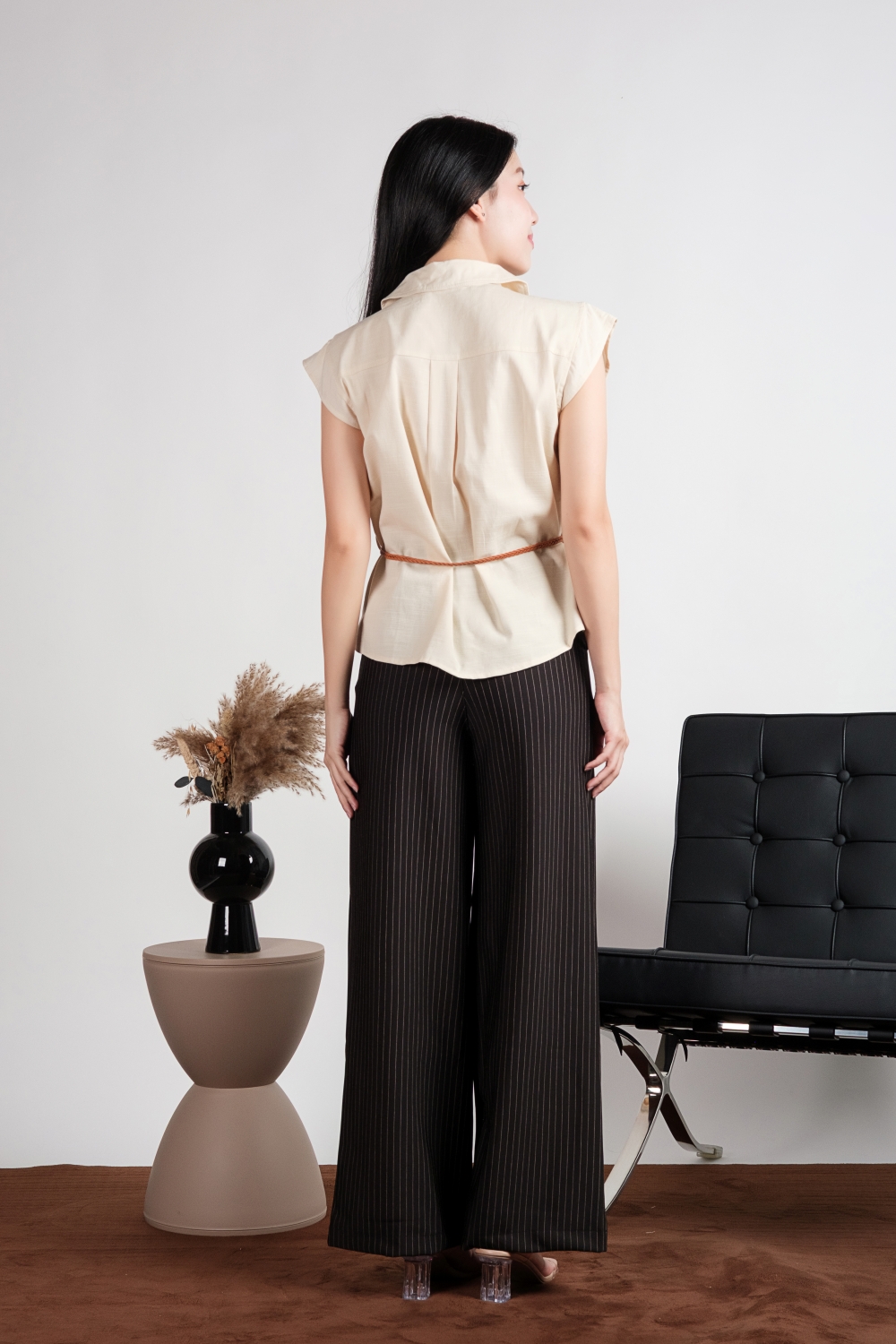 Belted Button Down Shirt - Beige - Image 9