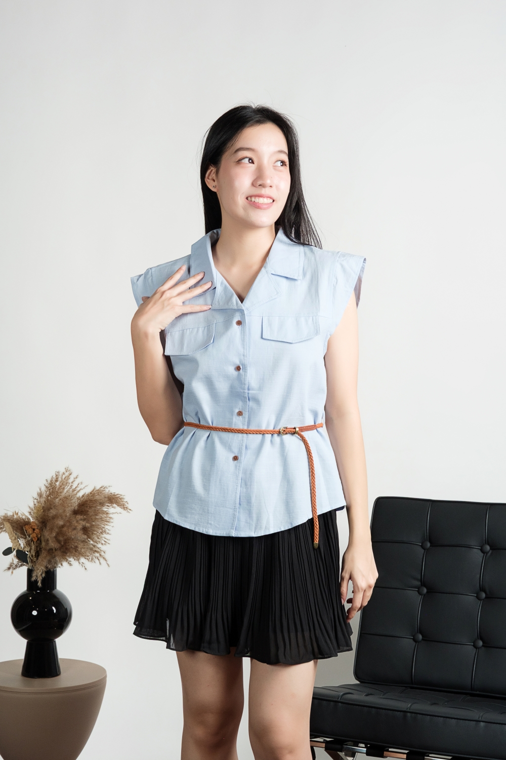 Belted Button Down Shirt - Blue - Image 2