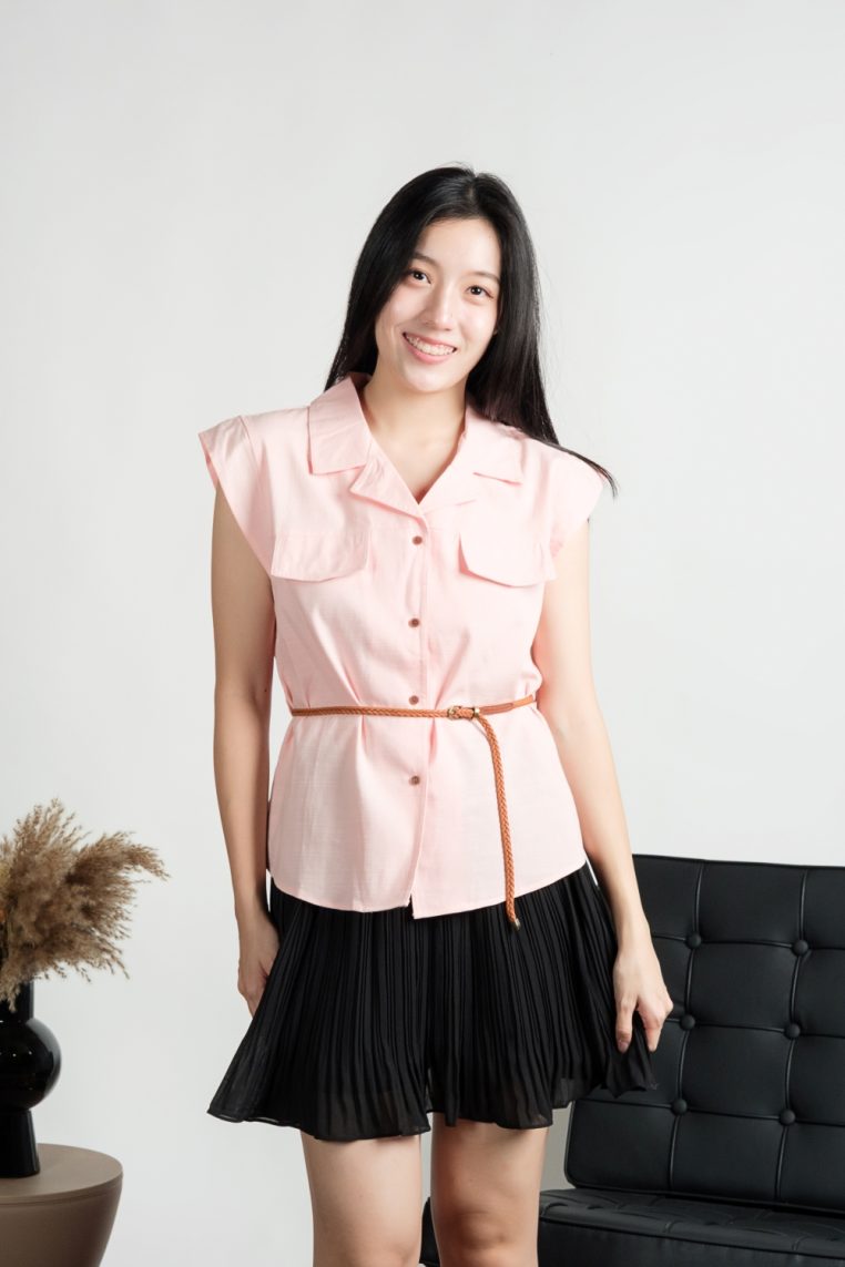 Belted Button Down Shirt - Pink - Image 11