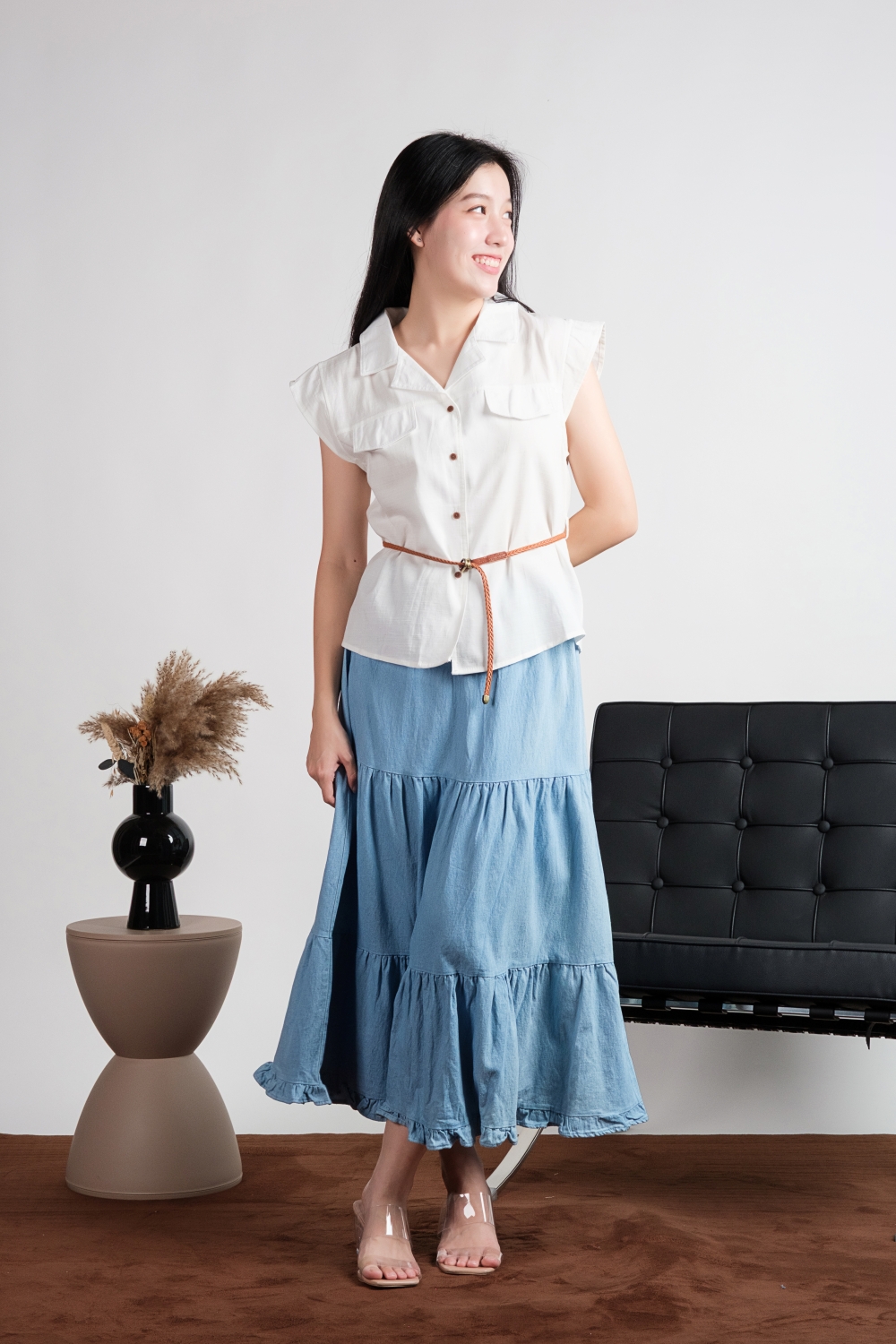 Belted Button Down Shirt - White