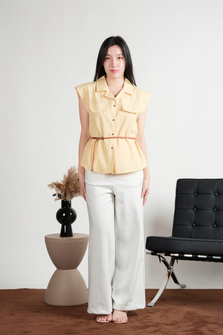 Belted Button Down Shirt - Yellow - Image 3