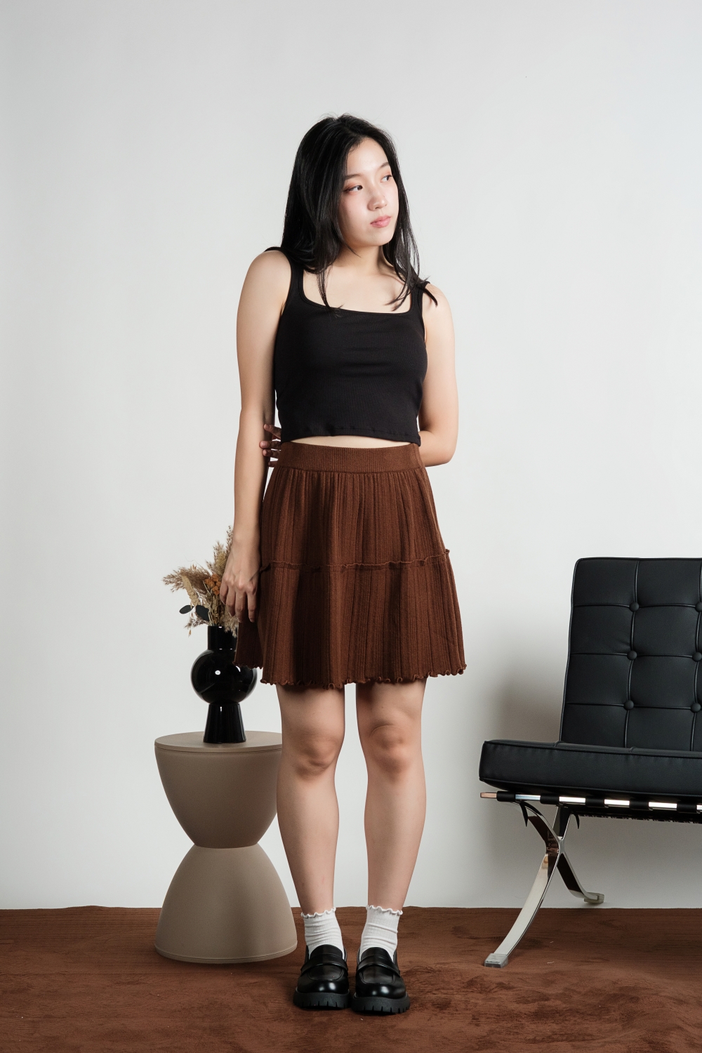 Ribbed Square Neck Padded Tank Top - Black - Image 7