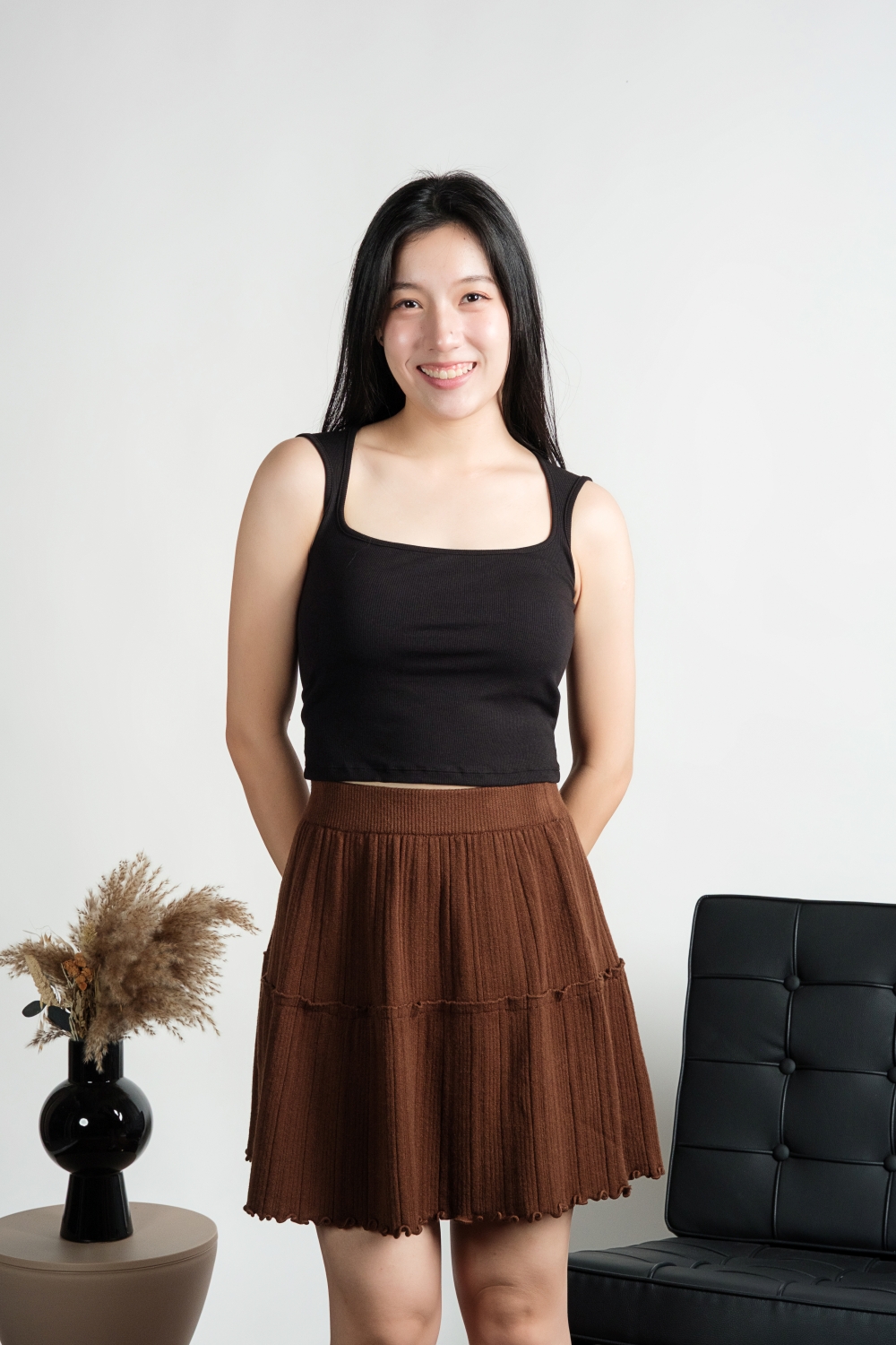 Ribbed Square Neck Padded Tank Top - Black