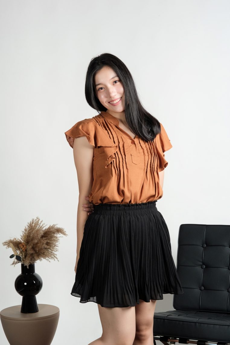 Linen Mandarin Collar Flutter Sleeve Blouse - Burnt Orange - Image 11