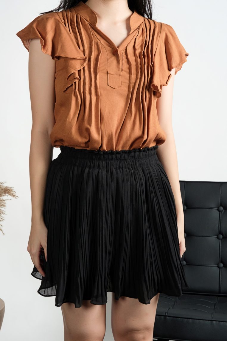 Linen Mandarin Collar Flutter Sleeve Blouse - Burnt Orange - Image 12