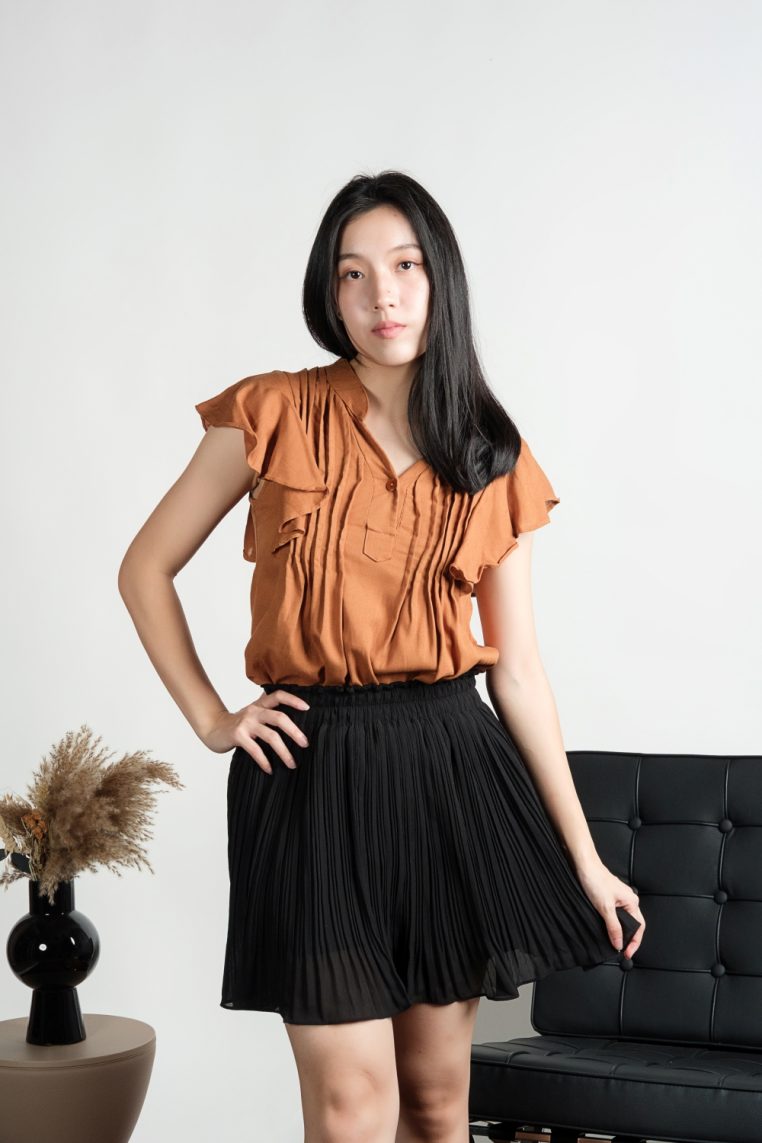 Linen Mandarin Collar Flutter Sleeve Blouse - Burnt Orange - Image 10