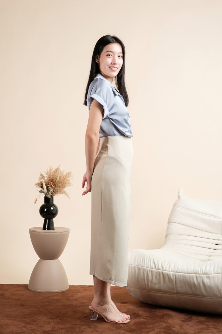 Short Sleeve Ruched Front Satin Shirt - Blue Grey - Image 7