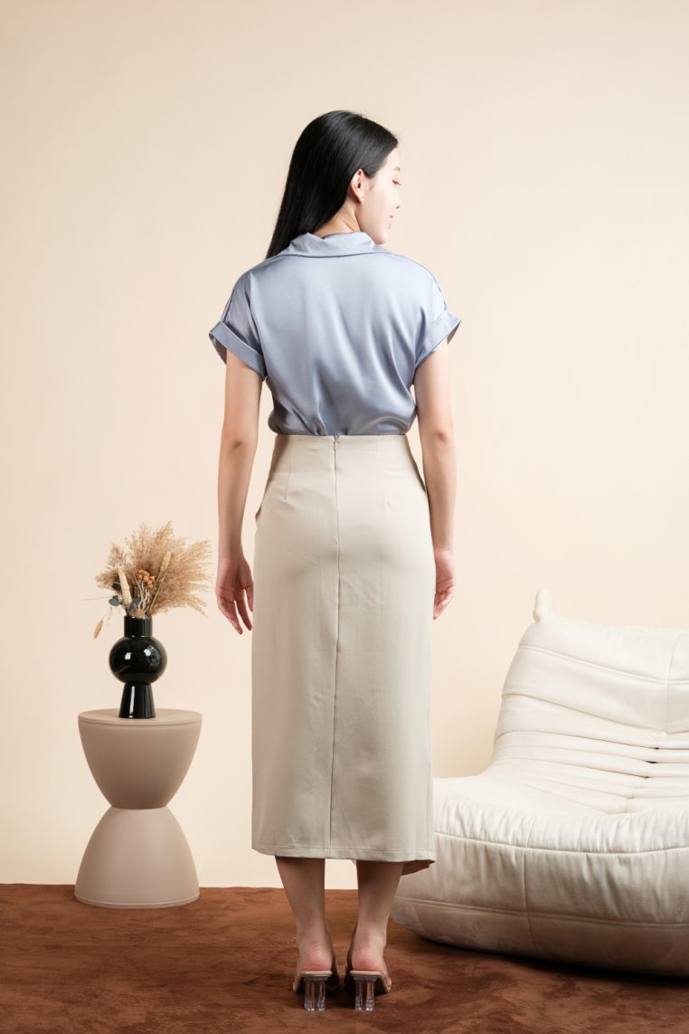 Short Sleeve Ruched Front Satin Shirt - Blue Grey - Image 9