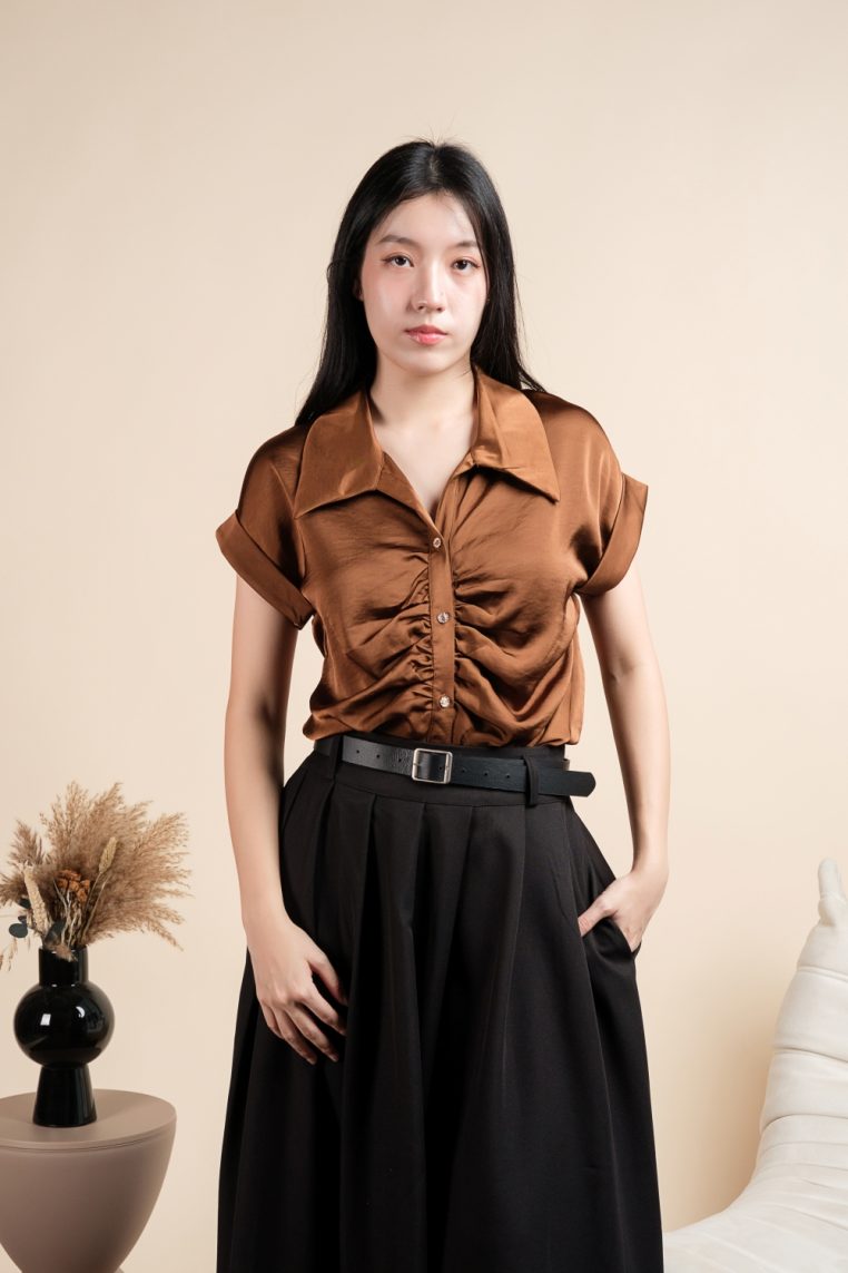 Short Sleeve Ruched Front Satin Shirt - Bronze