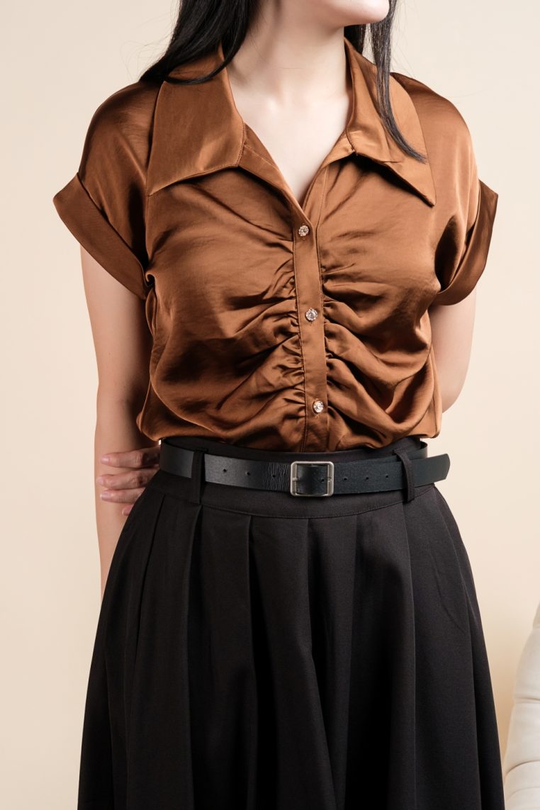 Short Sleeve Ruched Front Satin Shirt - Bronze - Image 7