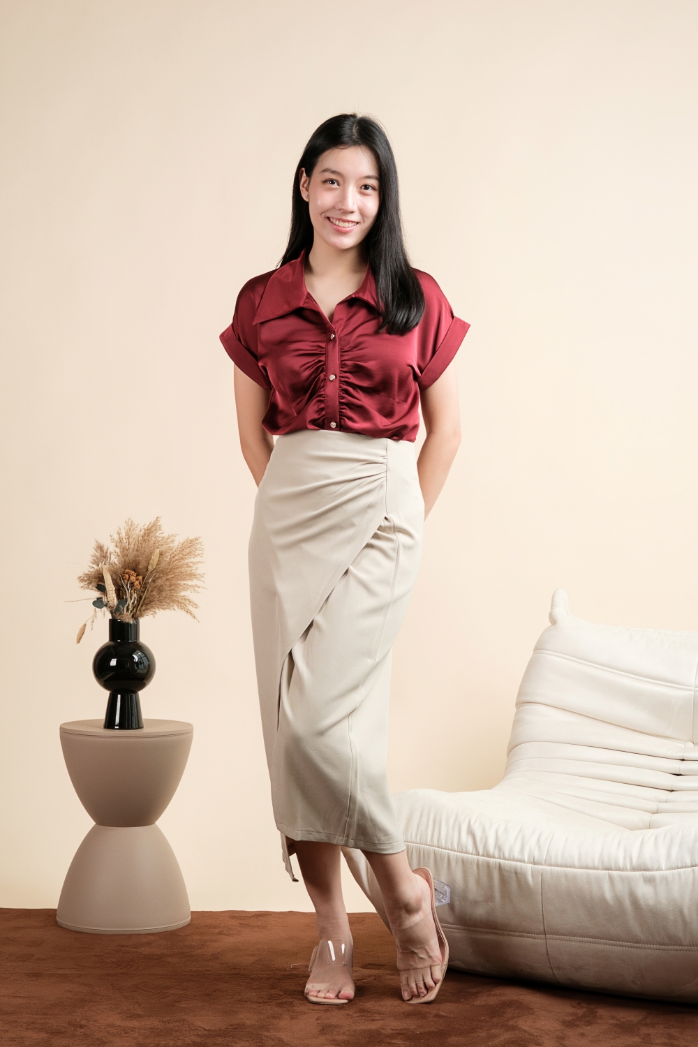 Short Sleeve Ruched Front Satin Shirt - Maroon - Image 6