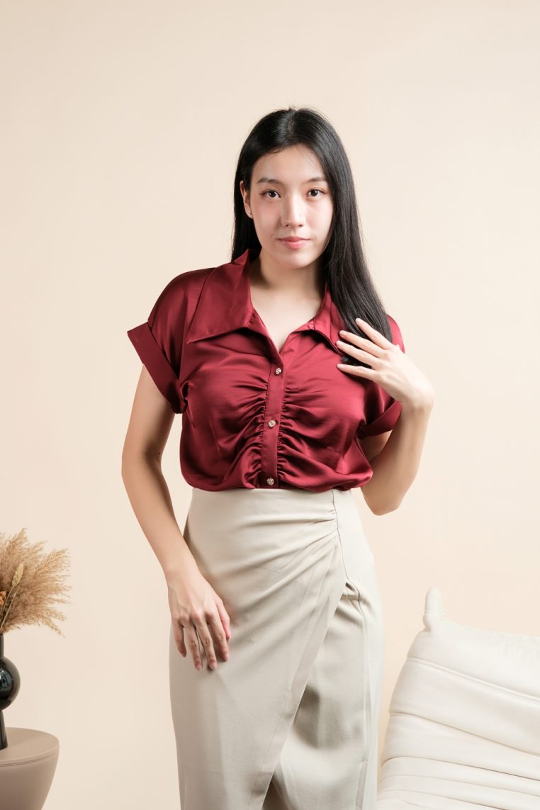 Alternative view of Short Sleeve Ruched Front Satin Shirt - Maroon
