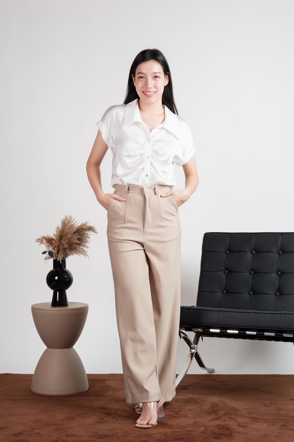 Short Sleeve Ruched Front Satin Shirt - White - Image 2