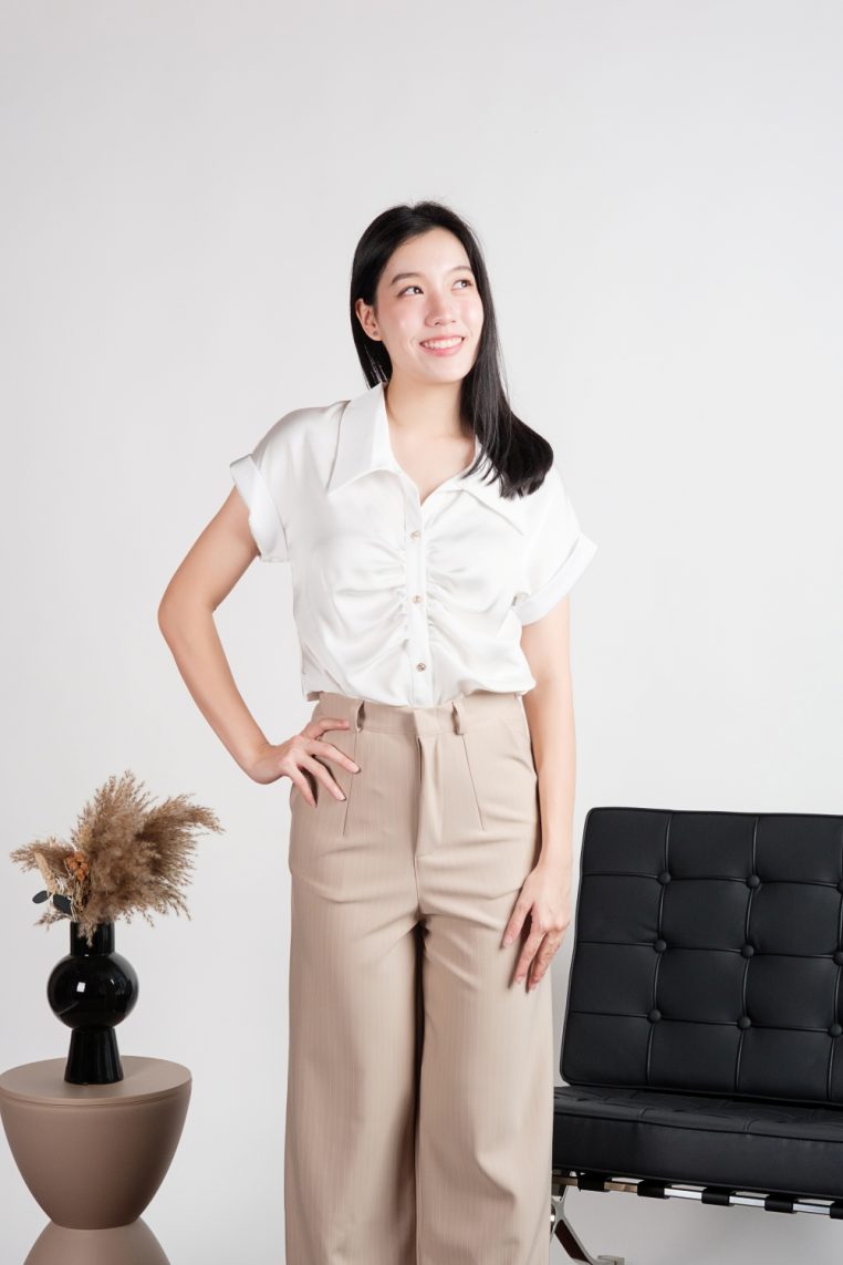 Short Sleeve Ruched Front Satin Shirt - White - Image 6