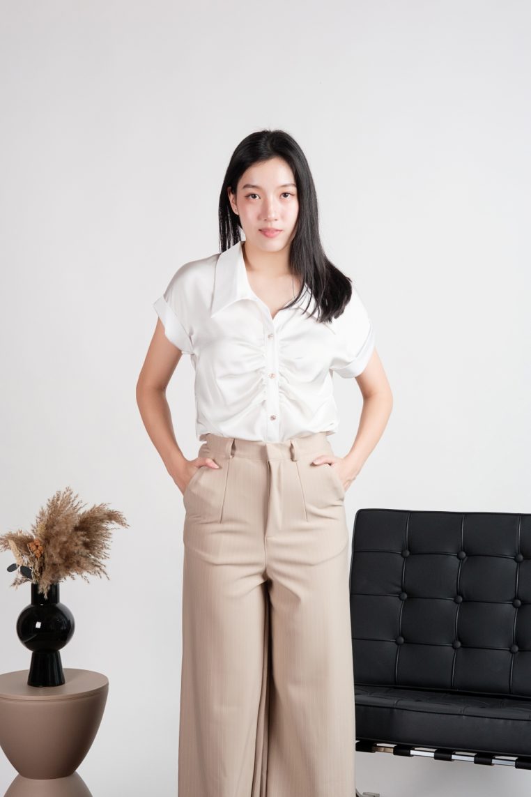 Short Sleeve Ruched Front Satin Shirt - White