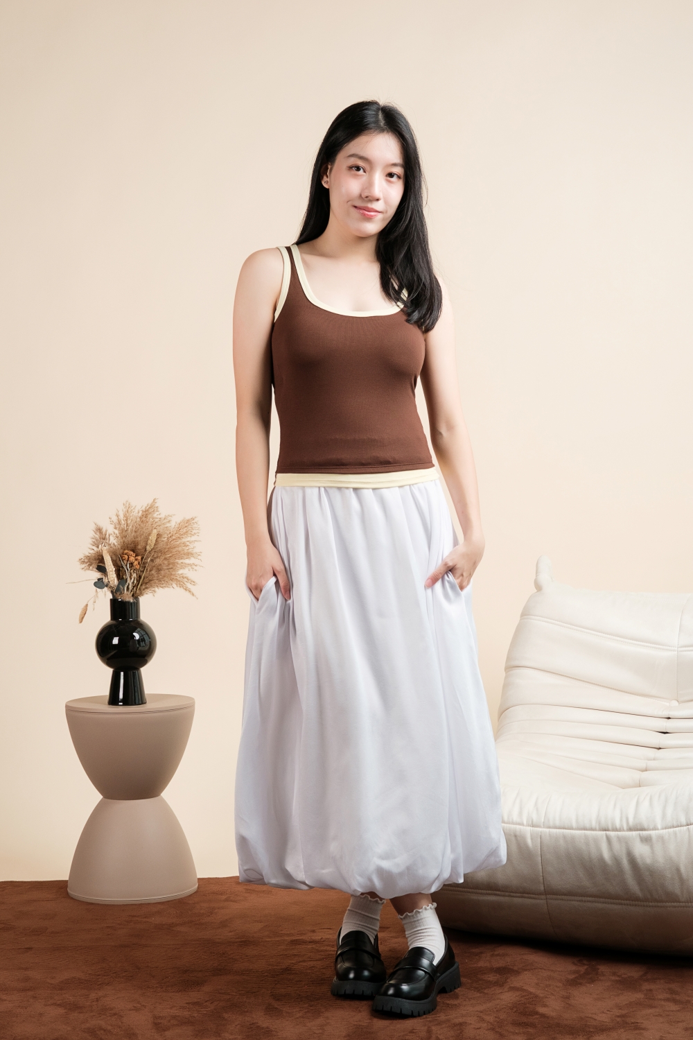 Contrast Hem Padded Tank Top - Brown