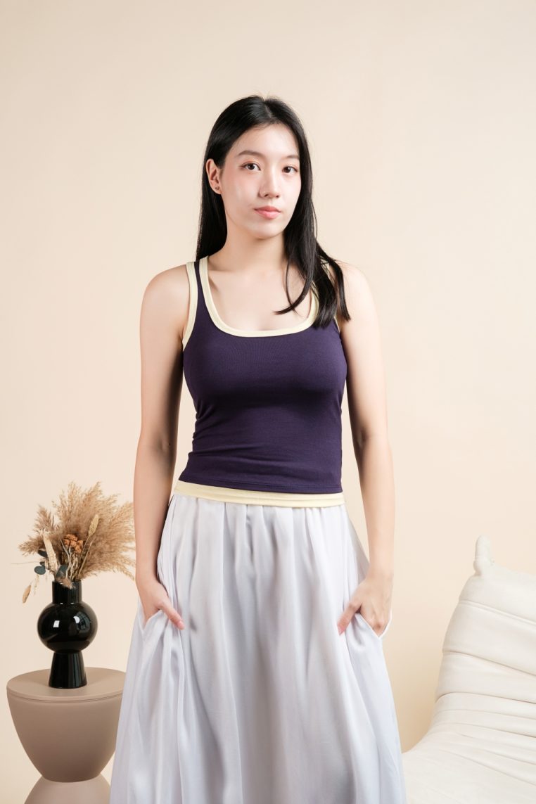 Contrast Hem Padded Tank Top - Navy Blue
