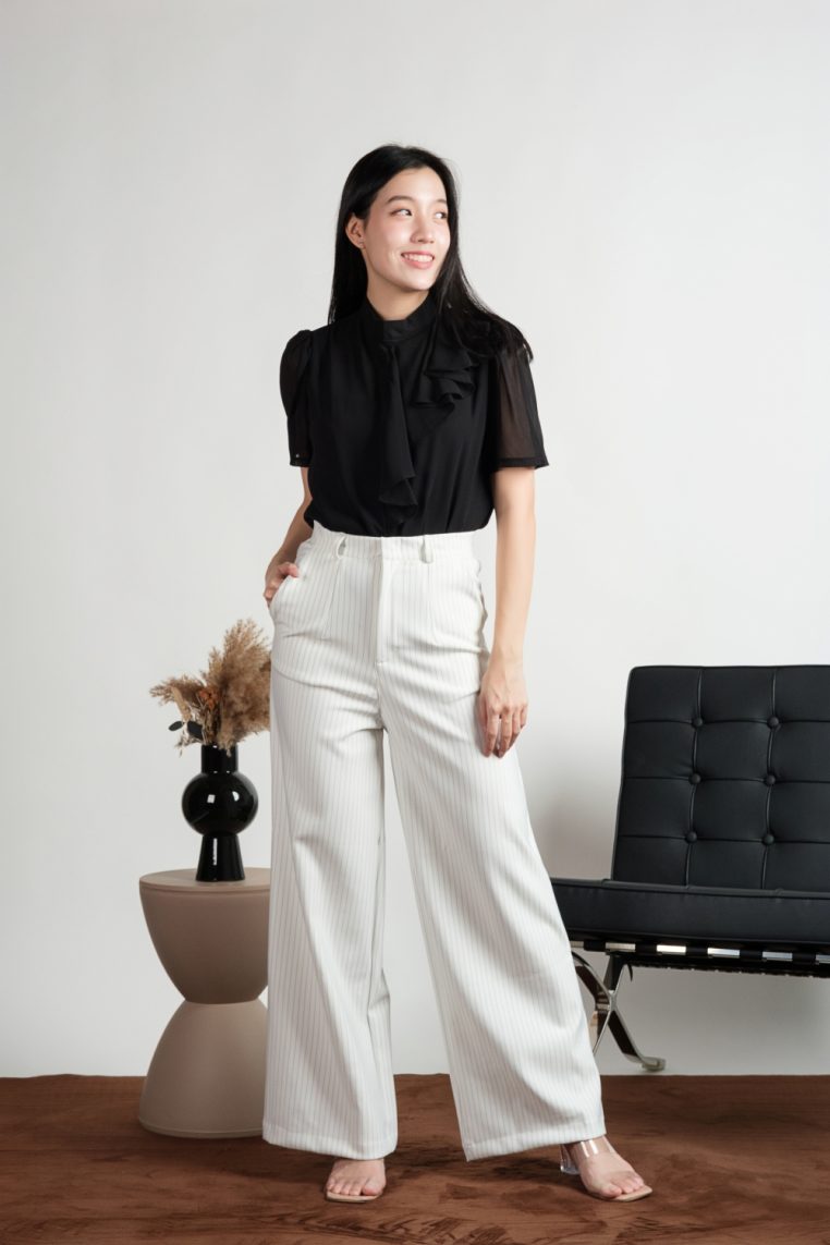 Short Sleeve Mock Neck Ruffle Blouse - Black