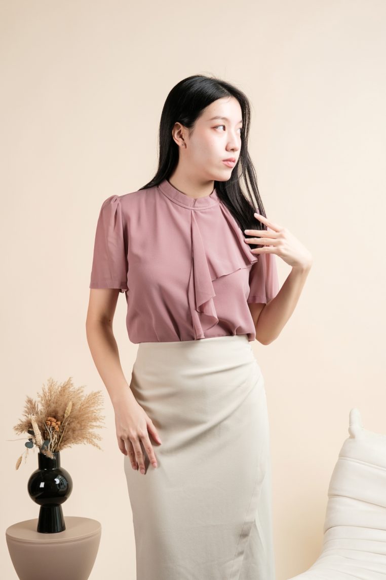 Short Sleeve Mock Neck Ruffle Blouse - Mauve