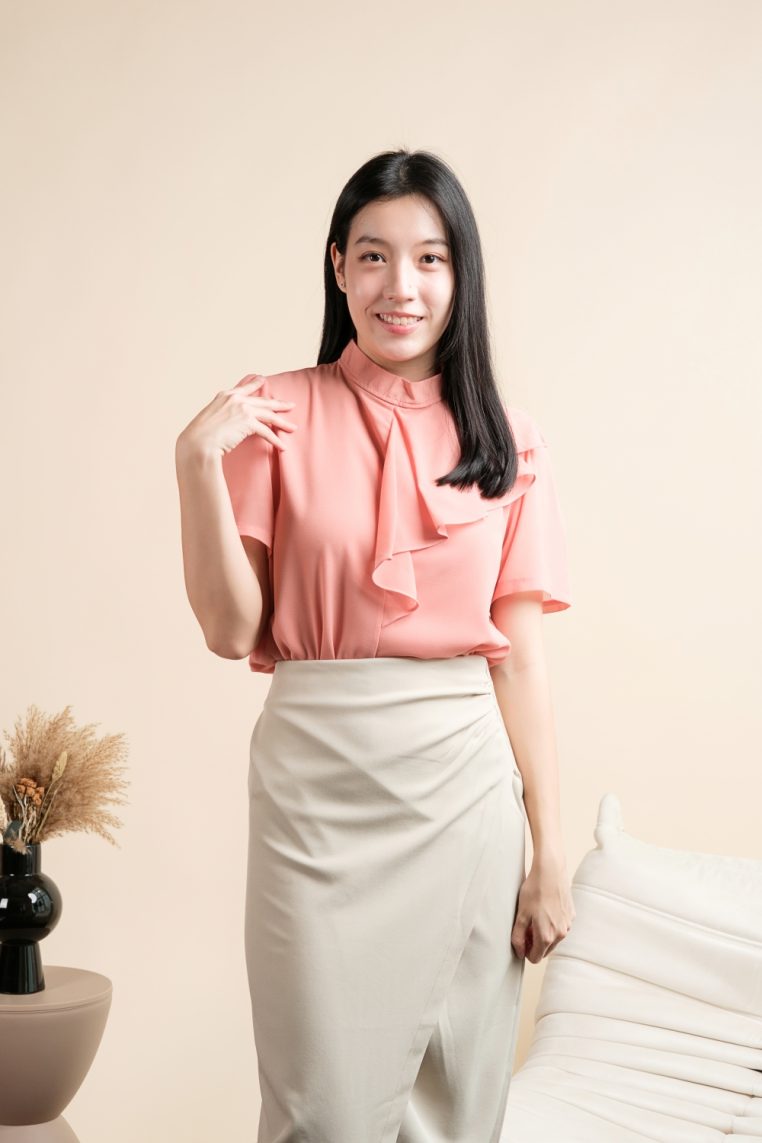 Short Sleeve Mock Neck Ruffle Blouse - Peach - Image 10