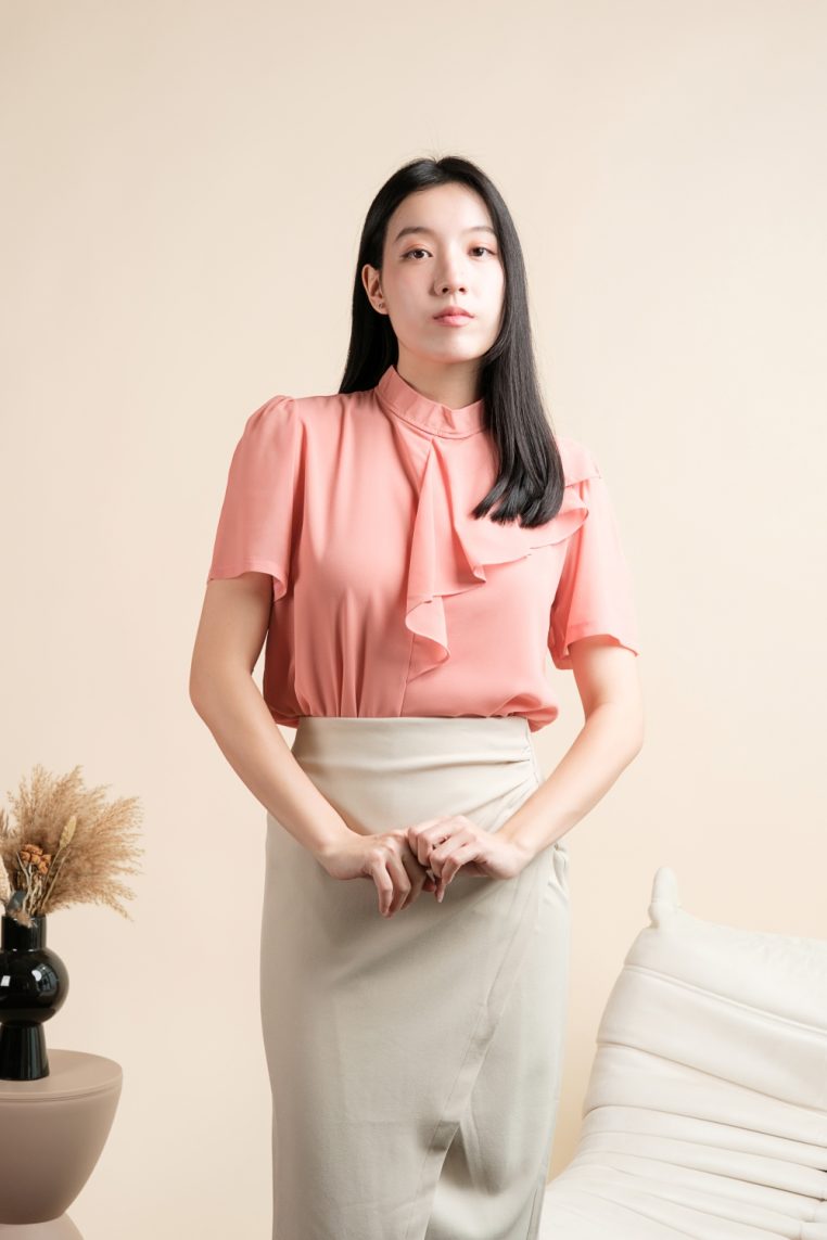 Short Sleeve Mock Neck Ruffle Blouse - Peach - Image 11