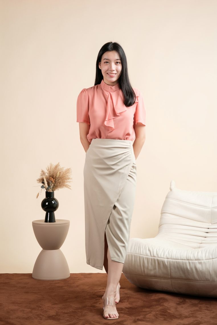 Short Sleeve Mock Neck Ruffle Blouse - Peach - Image 4