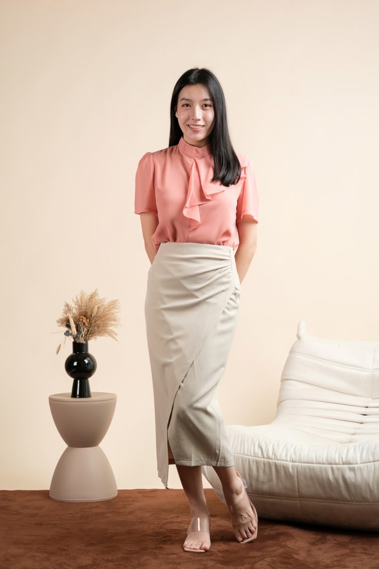 Short Sleeve Mock Neck Ruffle Blouse - Peach - Image 6