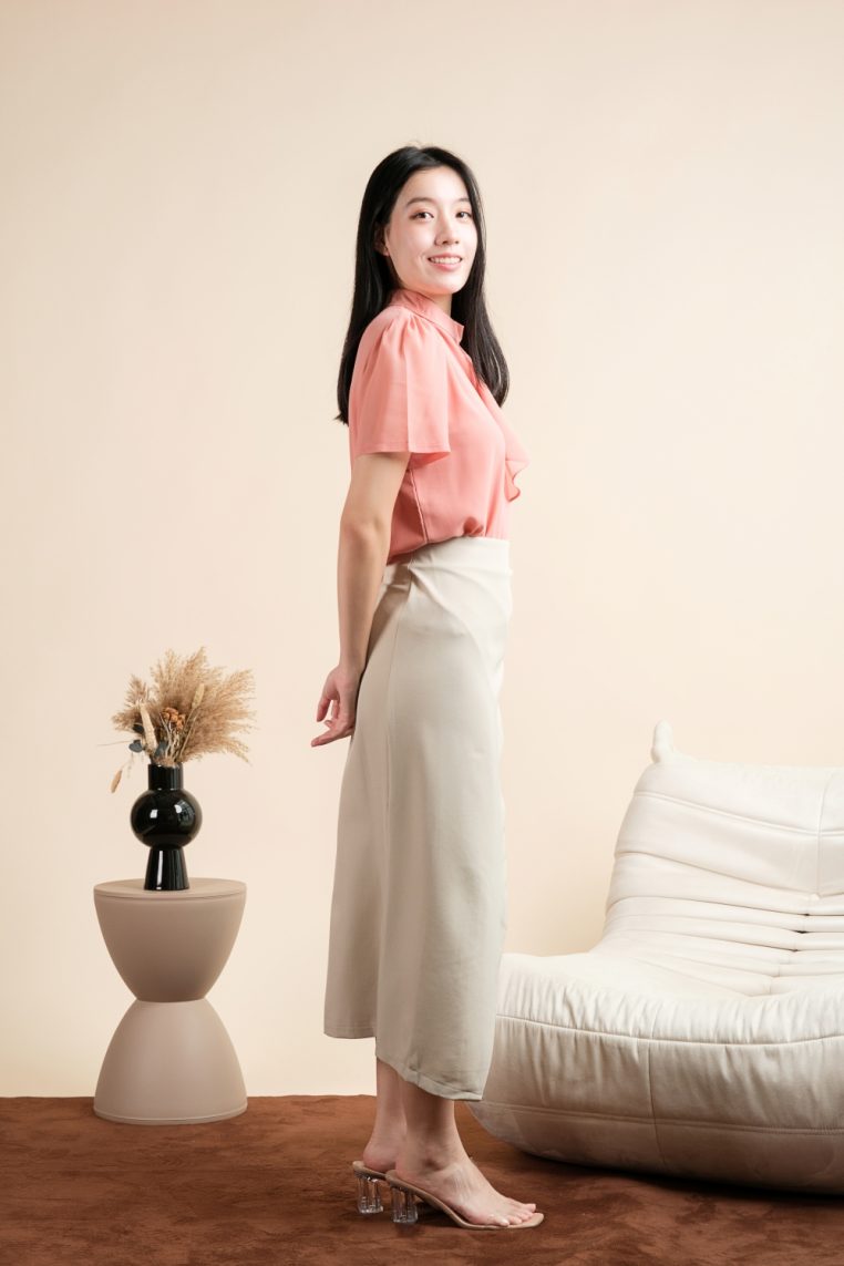Short Sleeve Mock Neck Ruffle Blouse - Peach - Image 8