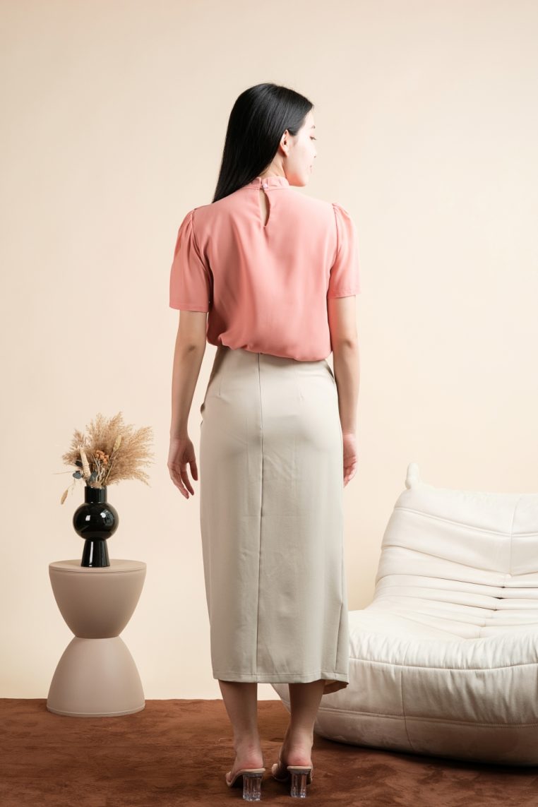 Short Sleeve Mock Neck Ruffle Blouse - Peach - Image 9