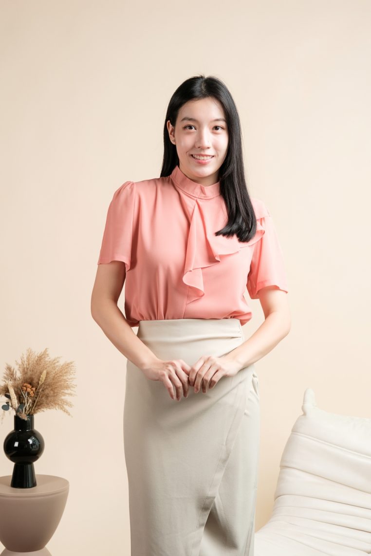 Short Sleeve Mock Neck Ruffle Blouse - Peach