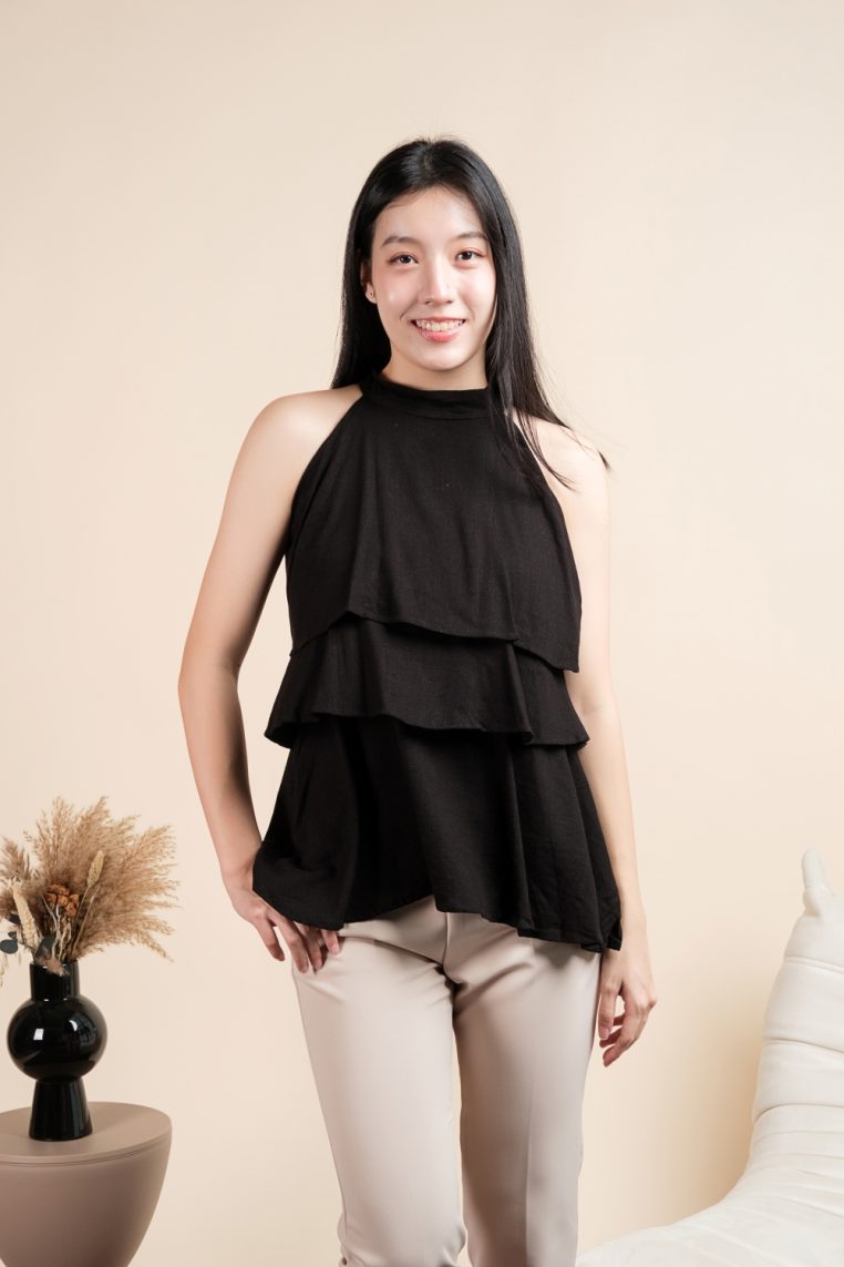 Linen Tiered Halter Blouse - Black - Image 11
