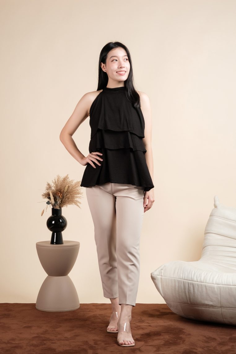 Linen Tiered Halter Blouse - Black - Image 4