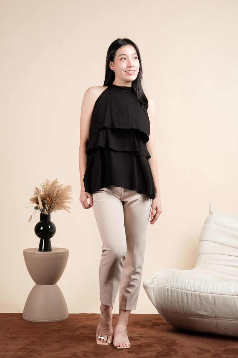 Linen Tiered Halter Blouse - Black - Image 6